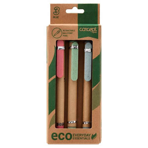 3 ballpoint pens with a brown paper body and different coloured nib and clicker - in brown card packaging.