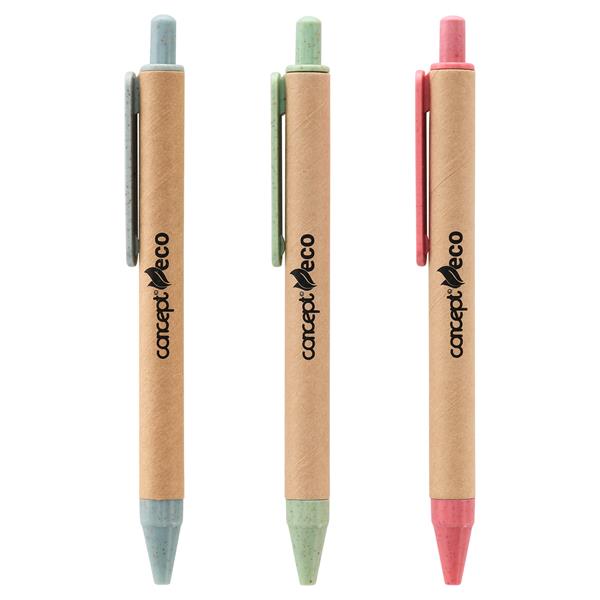 3 ballpoint pens with a brown paper body and different coloured nib and clicker.