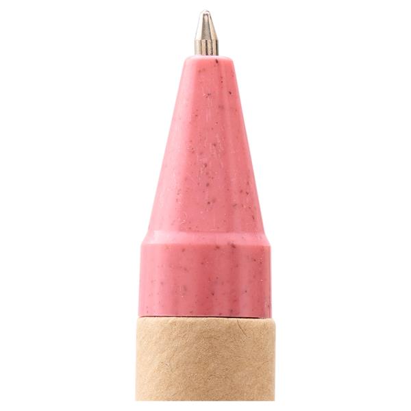 A ballpoint pen metal nib sticking out from a red/pink casing.