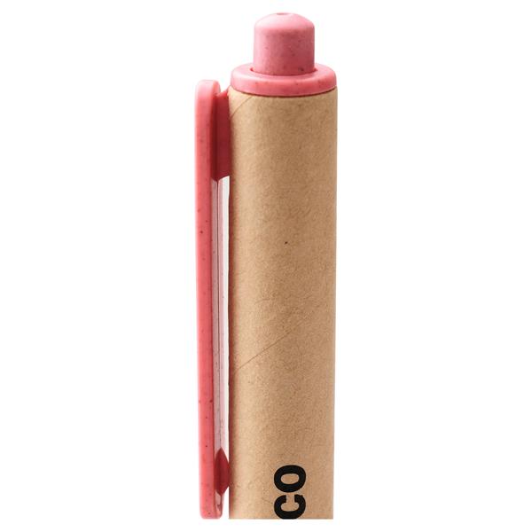A red/pink clicker button at the top of a ballpoint pen.