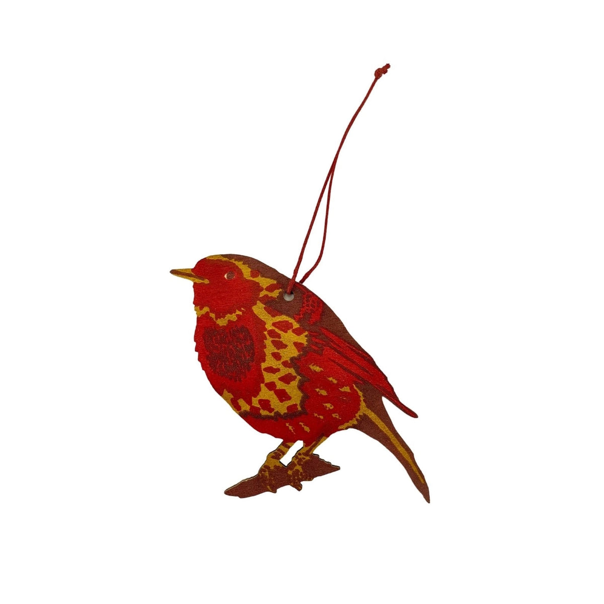 Red, brown and yellow hand screen printed robin laser cut shape with cord to hang.