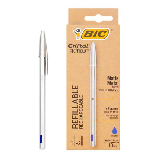 BiC Cristal Re-new Ballpoint Pen + 2 Refills - Blue