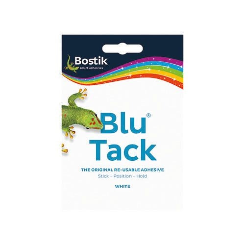 Packaging of product Blu Tack with light blue writing and the image of a lizard under a rainbow.
