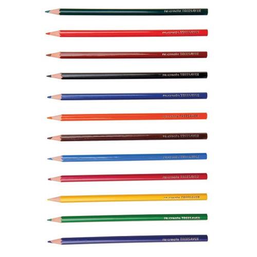 Image of 12 coloured pencils that say Re:Create TREESAVER on them.