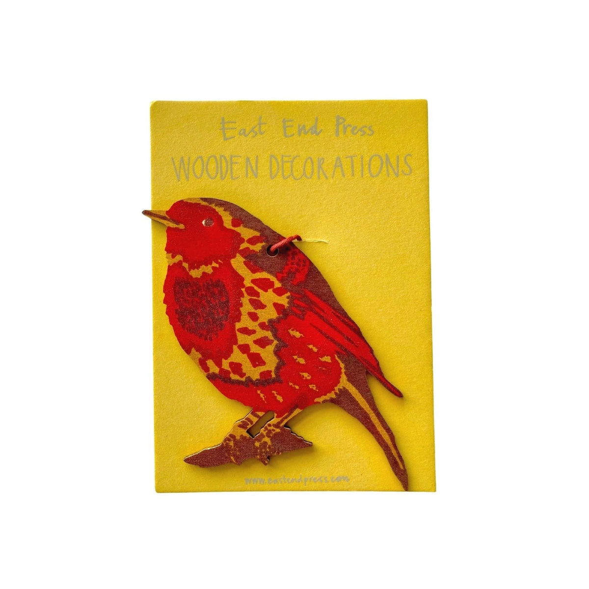 Red, brown and yellow hand screen printed robin laser cut shape on a yellow backing card