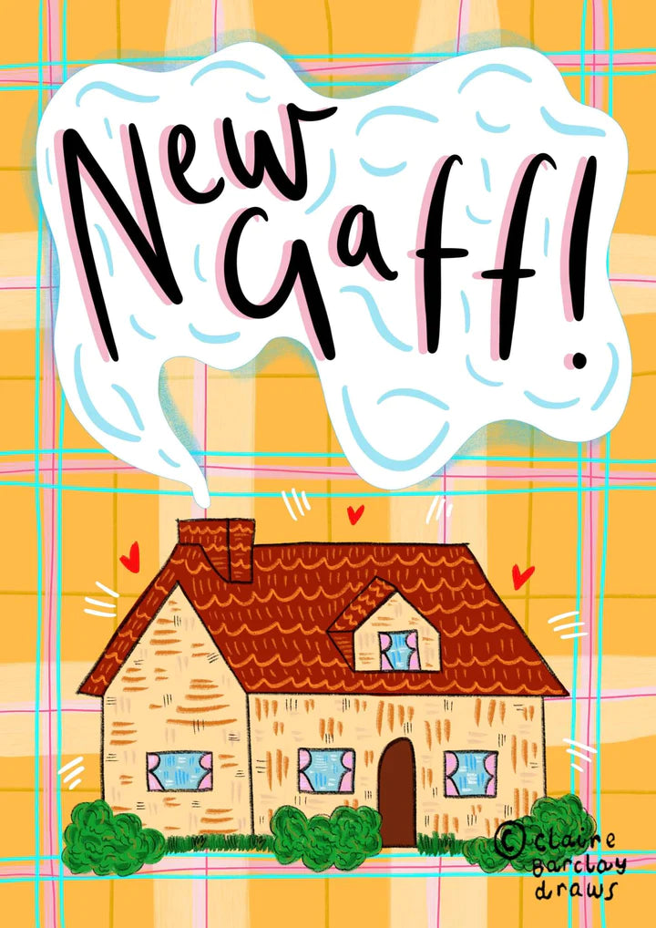 A greetings card with a yellow, pink and green tartan background, an illustration of a house with smoke coming from the chimney. In the cloud of smoke from the chimney are the words NEW GAFF.