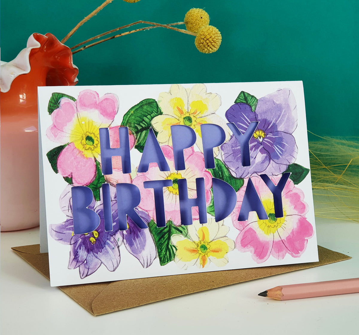 Primrose and Violet February Birth Flower Paper Cut Birthday Card
