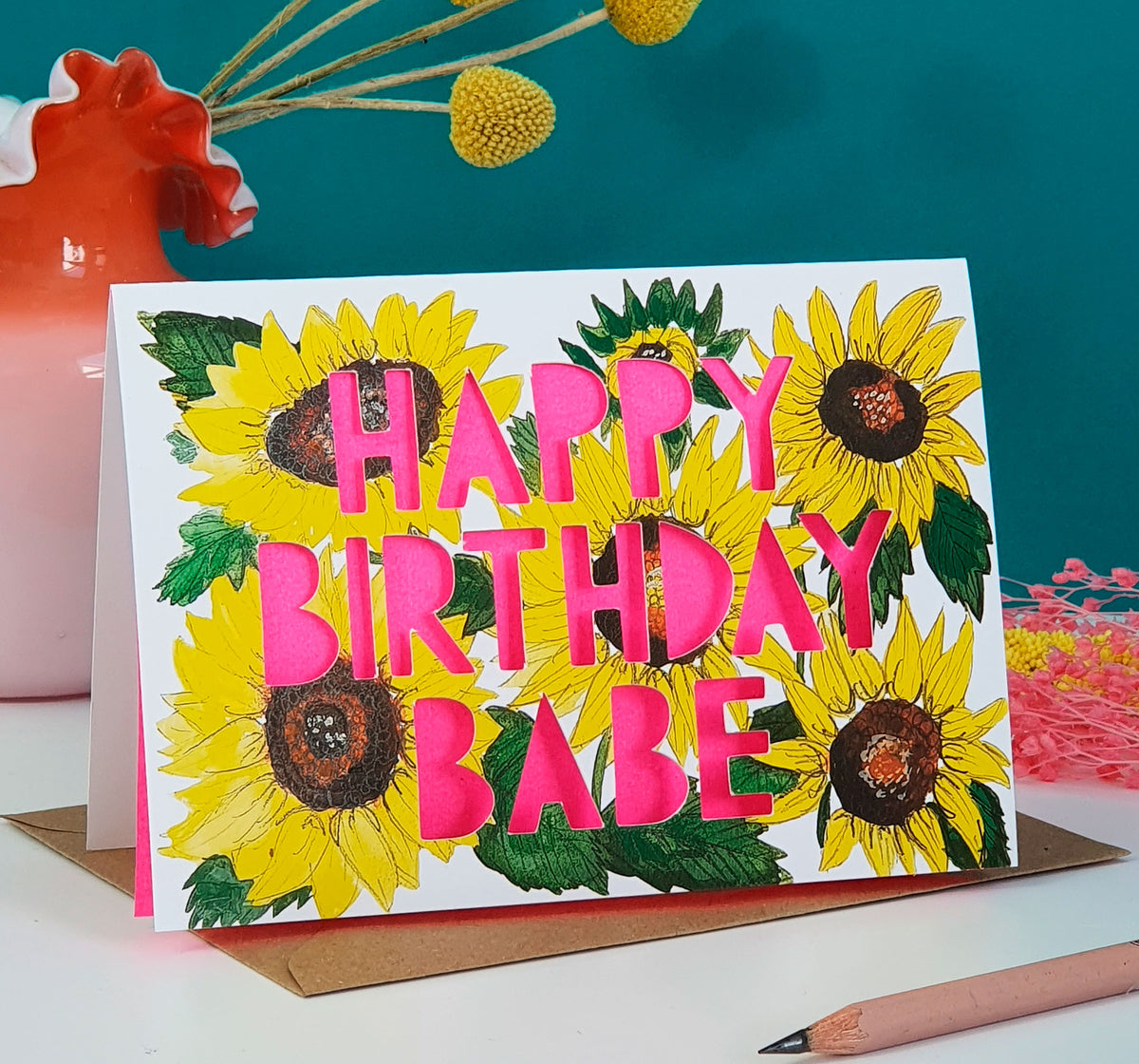 Happy Birthday Babe Neon Sunflowers Paper Cut Birthday Card