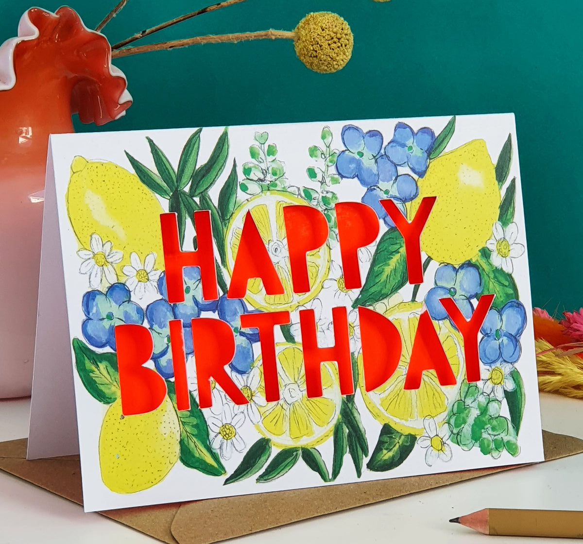 Neon Floral Lemons Paper Cut Birthday Card