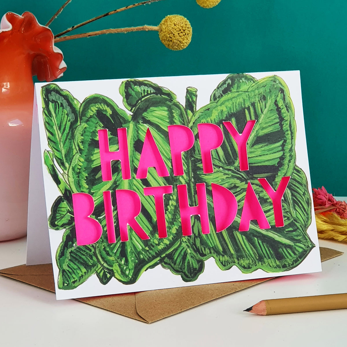 Houseplant Neon Paper Cut Happy Birthday Card
