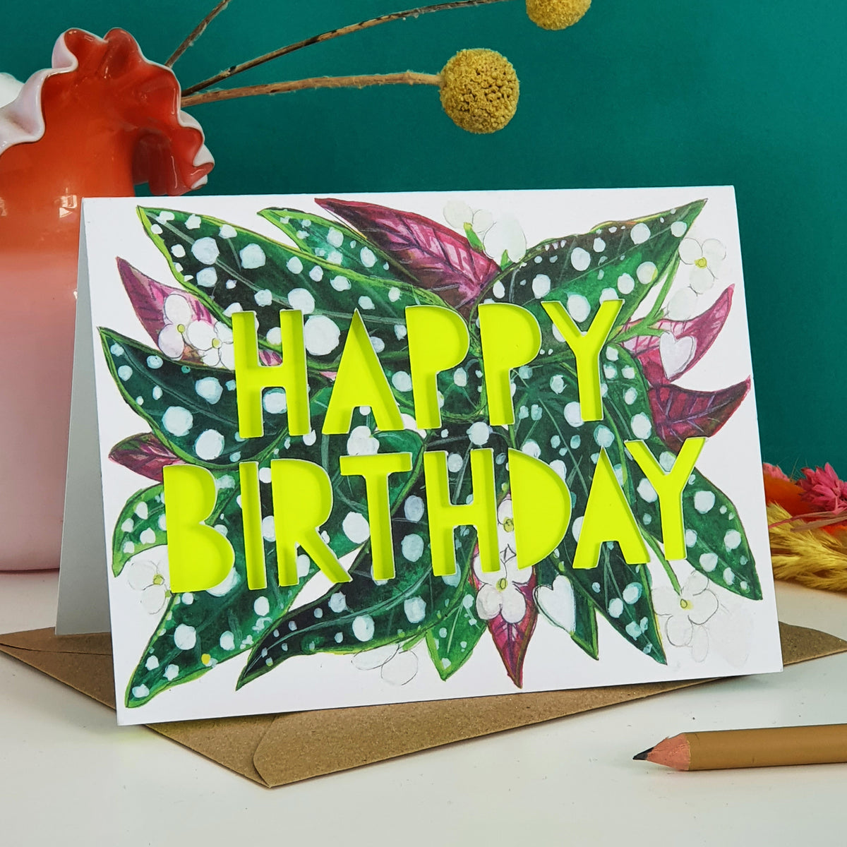 Begonias Neon Paper Cut Happy Birthday Card