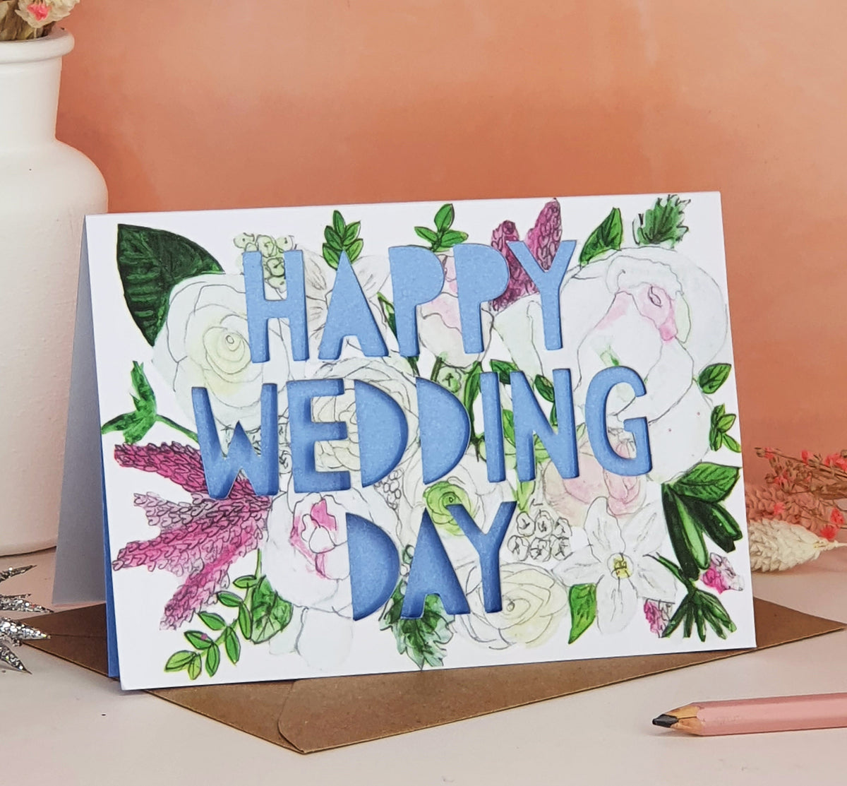 Happy Wedding Day Floral Paper Cut Card